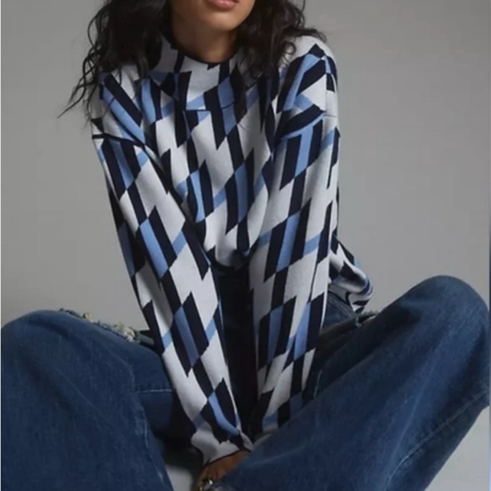 Maeve Blue and White Knit Top with Geometric Pattern
